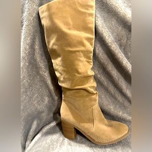 Faux, suede, thigh, high tan boots - women’s size 8- 2 inch heel